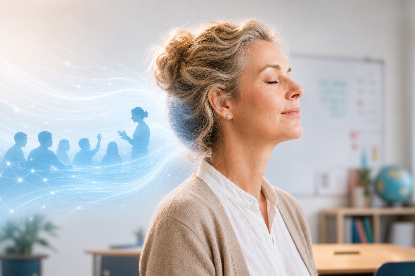 Een lerares met haar ogen dicht in een klaslokaal, met een abstracte lichtgevende projectie van een groep mensen die met elkaar in gesprek zijn.
